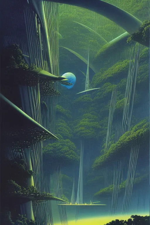 Image similar to emissary space by author haas and bruce pennington and john schoenherr, cinematic matte painting, zaha hadid building in a lush jungle, 8 k, dark color palate