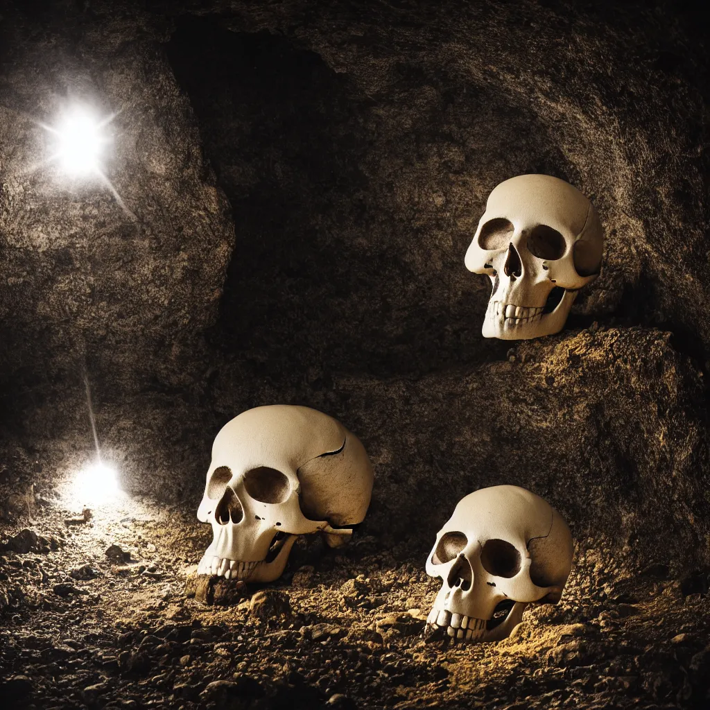 Prompt: white skull in the middle surrounded by old gold coins in a dark slate cave, a ray of light illuminates the skull, volumetric light, cinematic shot