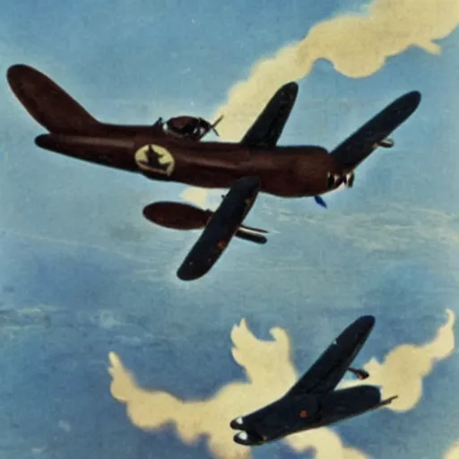 Image similar to photo of Japanese dogfighters in an aerial battle against a giant oriental dragon, world war 2, Color,