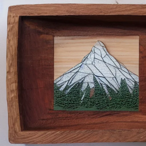 Prompt: a mountain etched in a piece of wood