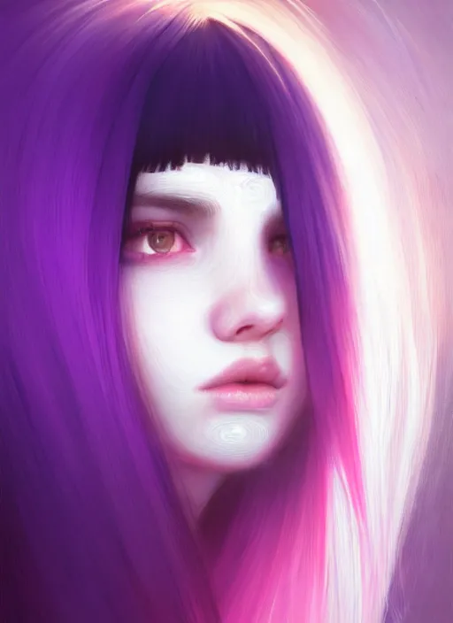 Image similar to hair whitebangs hair, black hair, whitebangs, portrait of teenage girl with white bangs, red irises, purple clothes, white bangs, bangs are different color from hair, intricate, elegant, glowing lights, highly detailed, digital painting, artstation, concept art, smooth, sharp focus, illustration, art by wlop, mars ravelo and greg rutkowski