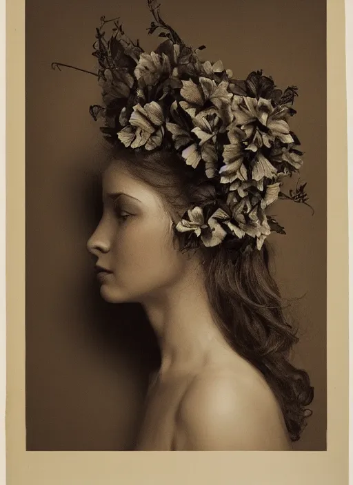 Prompt: a beautiful woman's face in profile made of flower and leaf skeleton, in the style of the dutch masters and gregory crewdson, dark and moody,