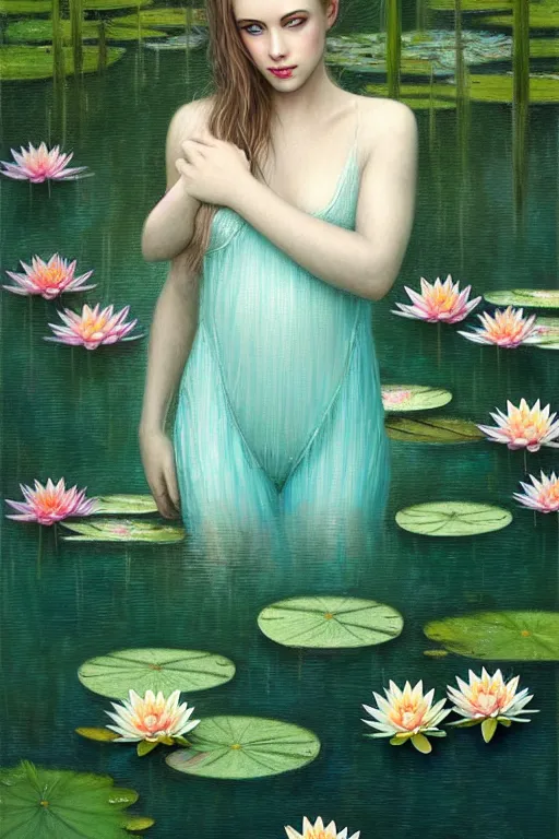 Image similar to light teal portrait in the rain on pond with waterlilies, fantasy, intricate, elegant, dramatic lighting, emotionally evoking symbolic metaphor, highly detailed, lifelike, photorealistic, digital painting, artstation, concept art, smooth, sharp focus, illustration, art by John Collier and Albert Aublet and Krenz Cushart and Artem Demura and Alphonse Mucha