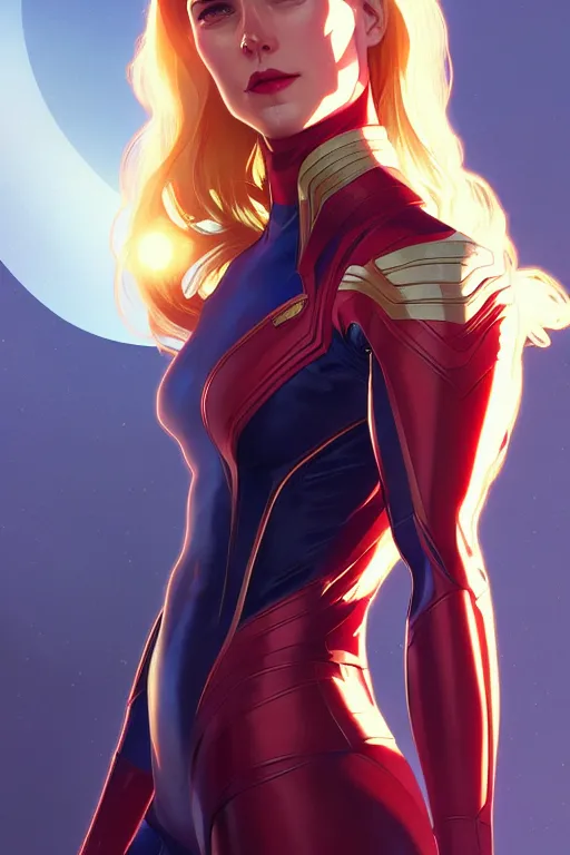 Image similar to a portrait of carol danvers, fantasy, sharp focus, intricate, elegant, digital painting, artstation, matte, highly detailed, concept art, illustration, ambient lighting, art by ilya kuvshinov, artgerm, alphonse mucha, and greg rutkowski