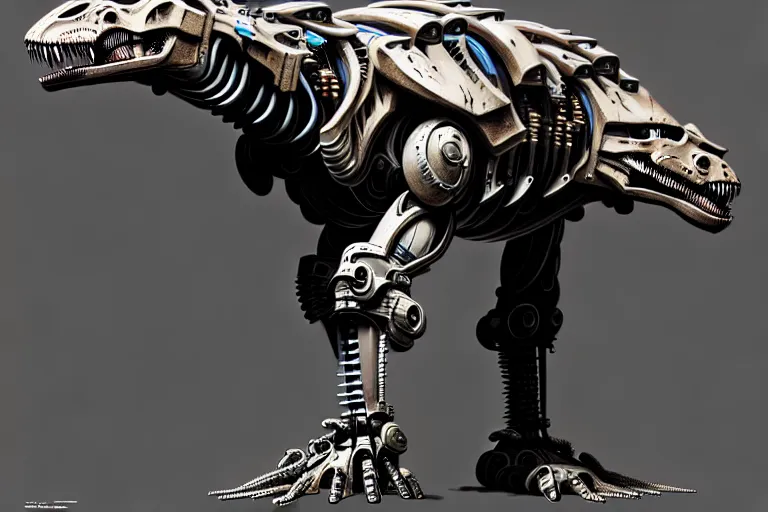 Image similar to trex in a cyborg mech suit, by alexandre ferra, zezhou chen, peter gric, mohamed reda and hr giger, hyper detailed, screen print, character concept art, hyperrealism, coherent, cgsociety, zbrush central, behance hd, hypermaximalist