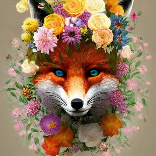 Image similar to made of flowers, made of flowers, made of flowers, fox made of flowers, fantasy art, trending on artstation, beautiful art, intricate, elegant, highly detailed, digital painting