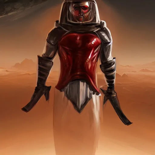 Image similar to a muscular soldier with vertical nose slits, angular eyebrows, wearing blood - spattered glossy sleek white dinged scuffed armor and a long torn red cape, heroic posture, battle - weary, strained expression, determined expression, no helmet, on the surface of mars, dramatic lighting, cinematic, sci - fi, hyperrealistic, detailed