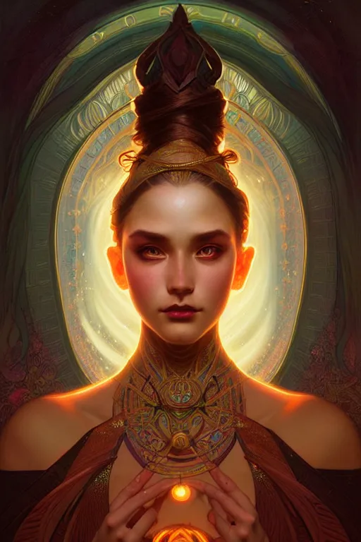 Image similar to dmt goddess closeup filled background around face, fantasy magic, undercut hairstyle, dark light night, intricate, elegant, sharp focus, illustration, highly detailed, digital painting, concept art, matte, art by wlop and artgerm and greg rutkowski and alphonse mucha, masterpiece