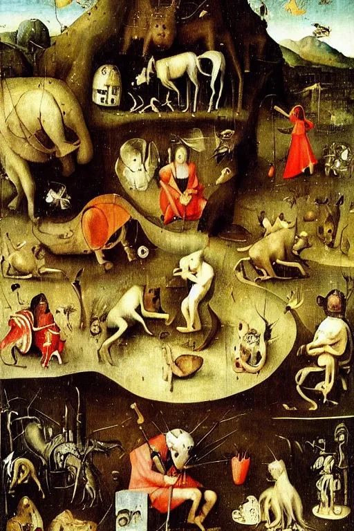 Prompt: Orpheus charming the beasts by Hieronymus Bosch