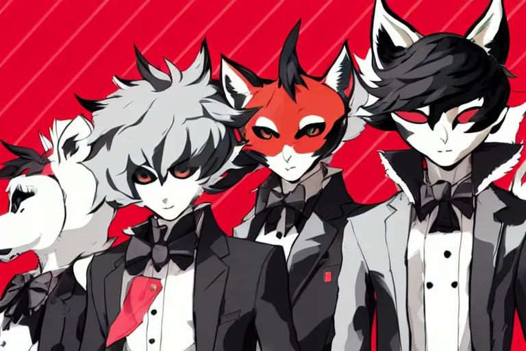 Image similar to a furry tan fox on a persona 5 : royal ( by atlus ) video game splash screen, a furry male sandcolored tan fox fursona ( has hair ), persona 5 phantom thief style