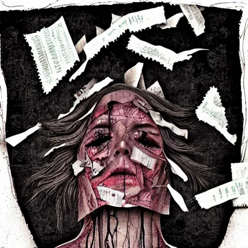 Image similar to face shredded like paper news scared, dark horror, surreal, illustration, by ally burke