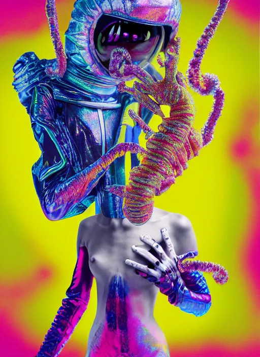 Prompt: hyper detailed render - kawaii portrait (astronaut queen, suit, chrome skeksis, porcelain forcefield, looks like Krysten Ritter) Eating Strangling network yellowcake aerochrome watercolor and milky Fruit and His delicate Hands hold gossamer polyp nun bring iridescent fungal flowers