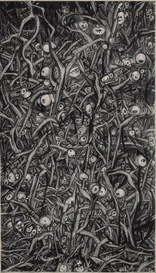 Image similar to a storm vortex made of many demonic eyes and teeth over a forest, by zeng fanzhi