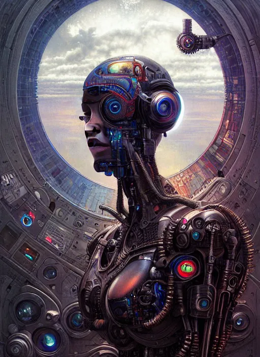 Prompt: portrait of a cyborg, hyper detailed masterpiece, dystopian background, jean giraud, digital art painting, darkwave goth aesthetic, lovecraftian, artgerm, donato giancola and tom bagshaw