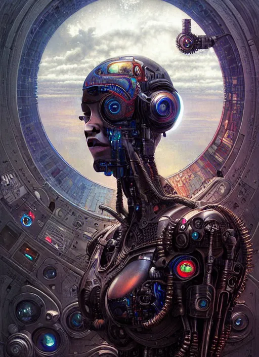 Image similar to portrait of a cyborg, hyper detailed masterpiece, dystopian background, jean giraud, digital art painting, darkwave goth aesthetic, lovecraftian, artgerm, donato giancola and tom bagshaw