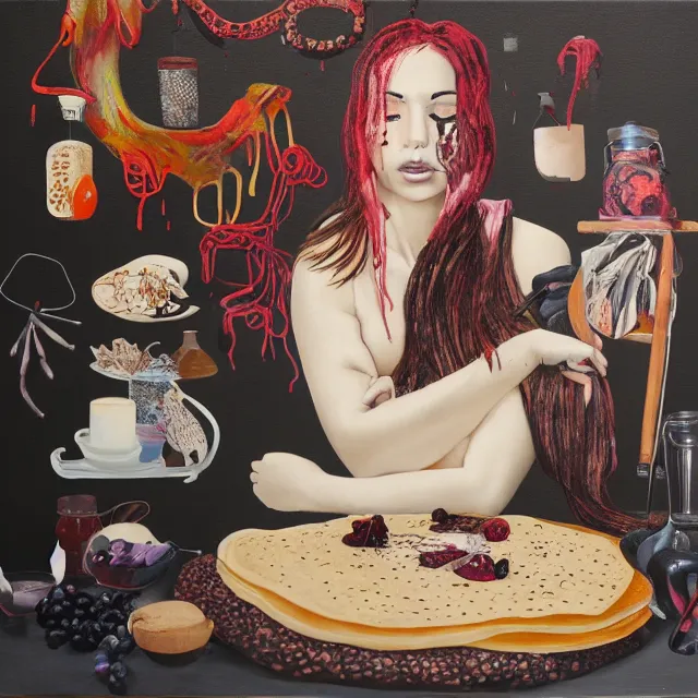 Image similar to sensual, a portrait in a female art student's bedroom, black walls, a woman sitting on a bed made of pancakes, honey dripping, berries dripping, chocolate, surgical supplies, ikebana, octopus, neo - expressionism, surrealism, acrylic and spray paint and oilstick on canvas