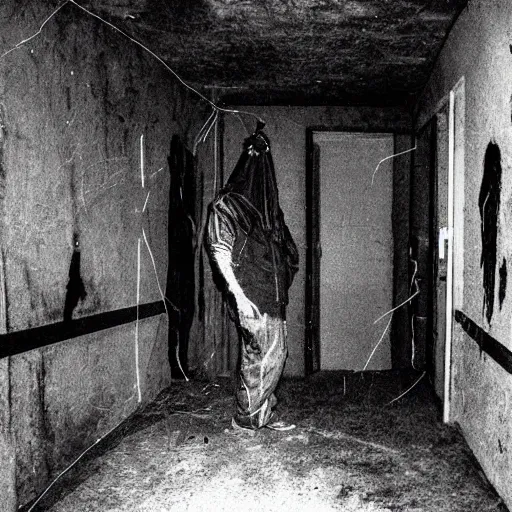 Prompt: creepy Liminal interior in the style of Poughkeepsie tapes, masked person in corner, in the style of 35mm flash photography, award winning photograph,