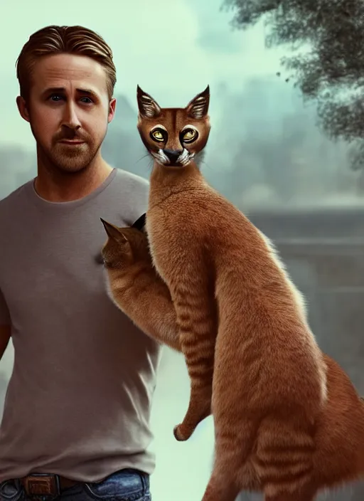 Prompt: Ryan Gosling holds a caracal cat in his hands, ultra highly detailed, elegant, artstation, octane render,