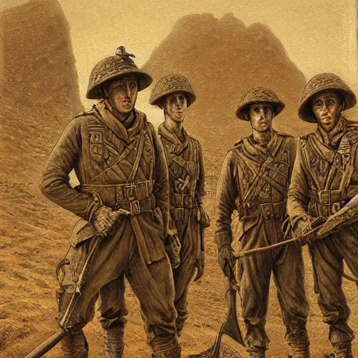 Image similar to ultra detailed photorealistic sepia - toned painting from 1 9 1 7, three british soldiers standing at an archaeological dig site in wadi rum, ultra realistic, painted, intricate details, lovecraft, atmospheric, dark, horror, brooding, highly detailed, by dave dorman