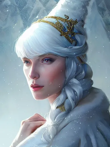 Prompt: portrait of a Confident Snow Queen, D&D, fantasy, highly detailed, beautiful face, realistic body structure, digital painting, artstation, smooth, sharp focus, illustration, art by artgerm and greg rutkowski and alphonse mucha