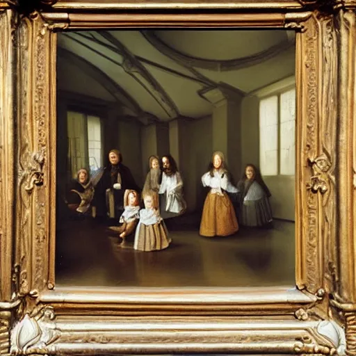 Image similar to super quality family portrait of the castles garden painted in 1 6 5 6, dark room, one point of light coming through the window inspired by las meninas, clear spaces between each subject and good detail and realistic eyes, faces for each person in the canva, inspired by diego velasquez baroque style