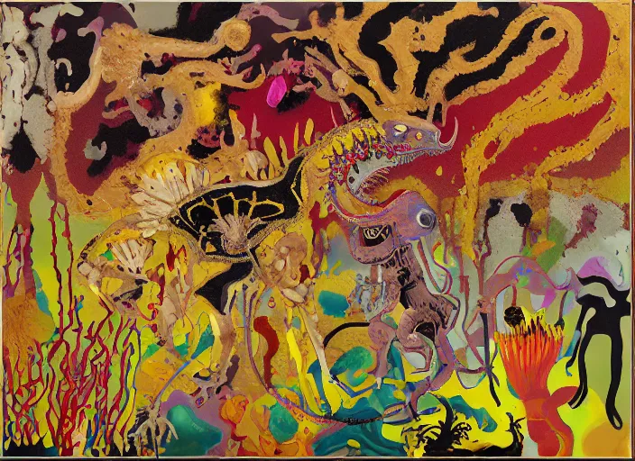 Image similar to expressionistic decollage painting golden armor alien zombie horseman riding on a crystal bone dragon broken rainbow diamond maggot horse in a blossoming meadow full of colorful mushrooms and golden foil toad blobs in a golden sunset, distant forest horizon, painted by Mark Rothko, Helen Frankenthaler, Danny Fox and Hilma af Klint, graffiti buff, pixel mosaic, semiabstract, color field painting, byzantine art, pop art look, naive, outsider art, very coherent symmetrical artwork. Bekinski painting, part by Philip Guston and Adrian Ghenie, art by George Condo, 8k, extreme detail, intricate detail, masterpiece