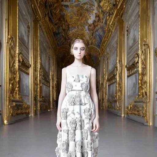 Prompt: Young lady full length shot wearing valentino resort simple sleeveless dress pale grey and white flowers in the style of baroque realism standing inside lourve, 8K, background renaissance paintings with gold