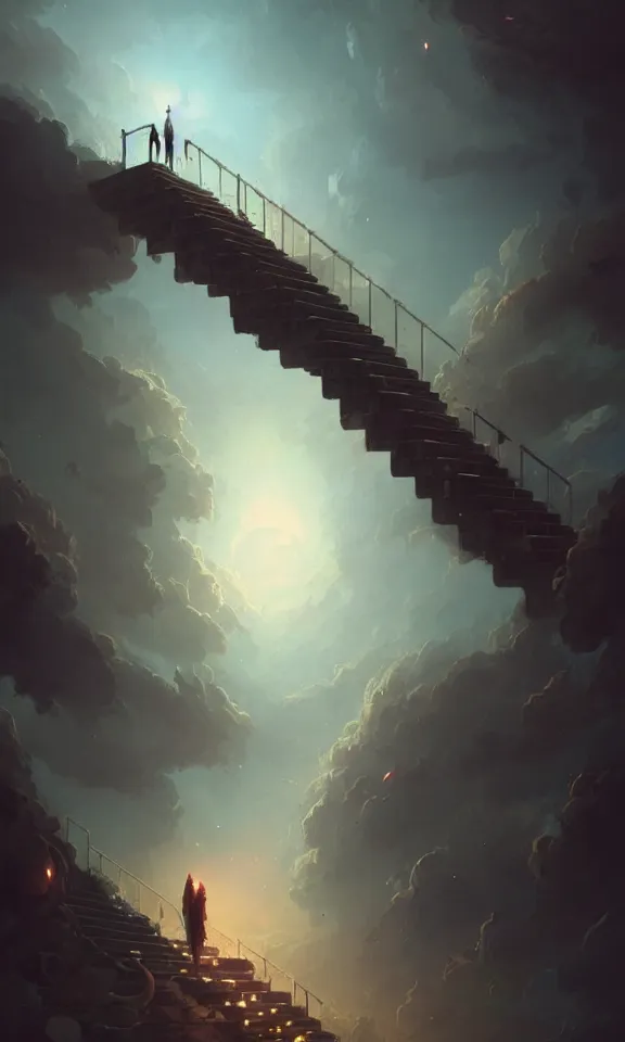 Image similar to endless stairs to universe, sky full of clouds, art by greg rutkowski and peter mohrbacher, featured in artstation, octane render, cinematic, elegant, intricate, ultra detailed, rule of thirds, professional lighting, unreal engine, fantasy, concept art, sharp focus, illustration, 8 k