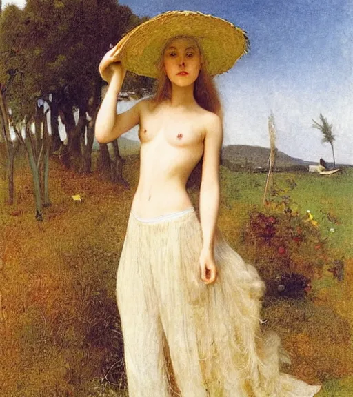 Image similar to annasophia robb with straw hat, john bauer and bouguereau