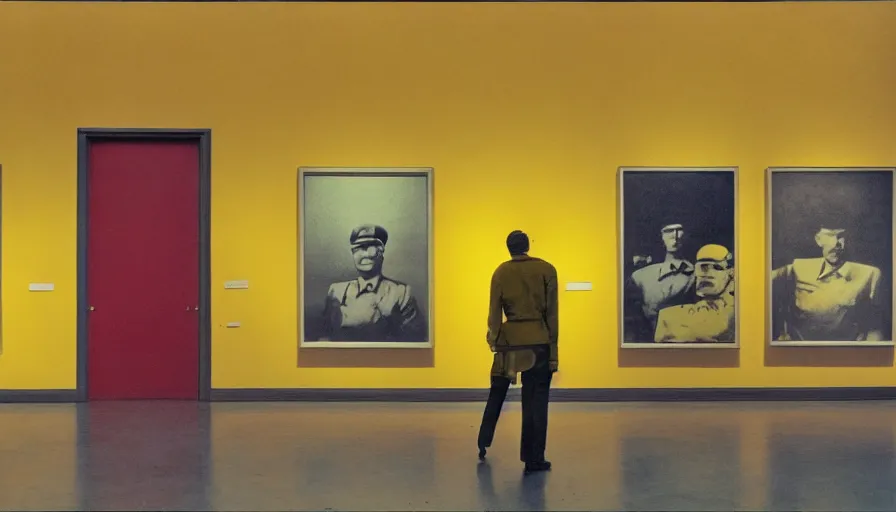 Prompt: 60s movie still of a sovietic stalinist style empty art museum with a soviet congress with yellow wall, kodakchrome, liminal Space style, heavy grain