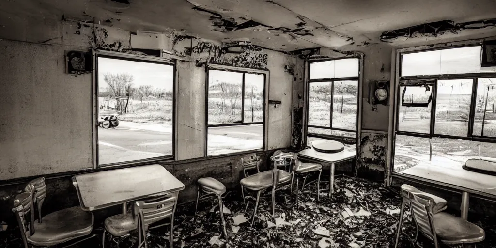 Prompt: a photograph from inside an abandoned diner