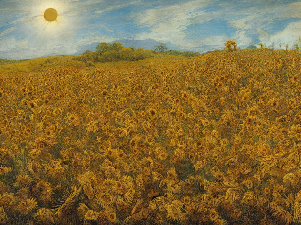 Image similar to withered dry sunflowers, rippling, minimalist environment, by esao andrews and maria sibylla merian eugene delacroix, gustave dore, thomas moran, pop art, art by charles burns, andrew wyeth