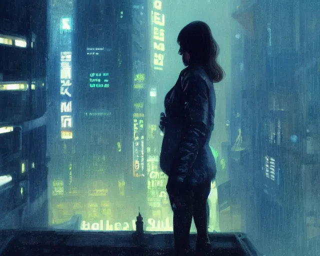 Image similar to 2 0 1 8 blade runner movie still girl look at the cityscape from roof perfect face fine realistic face pretty face reflective polymer suit tight neon puffy jacket blue futuristic sci - fi elegant by denis villeneuve tom anders zorn hans dragan bibin thoma greg rutkowski ismail inceoglu illustrated sand storm alphonse mucha