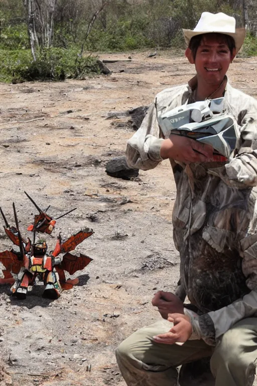 Prompt: a proud hunter wearing a pith hat sitting in front of the big gundam destroyed on the ground behind him