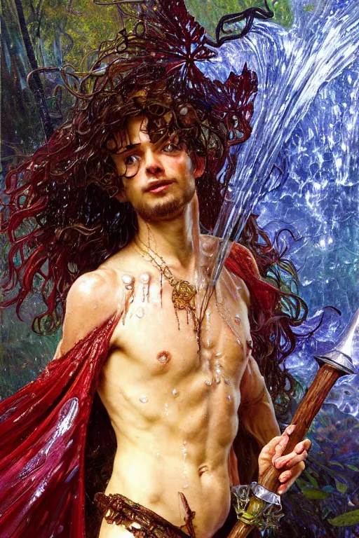 Image similar to portrait of a man wearing a knight robe, holding a fantasy staff, drenched body, wet dripping hair, emerging from the water, fantasy, regal, fractal crystal, fractal gems, by stanley artgerm lau, thomas kindkade, alphonse mucha, loish, norman rockwell