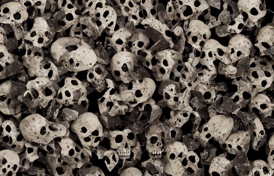 Prompt: disintegrating fragmented skull into hundreds of pieces