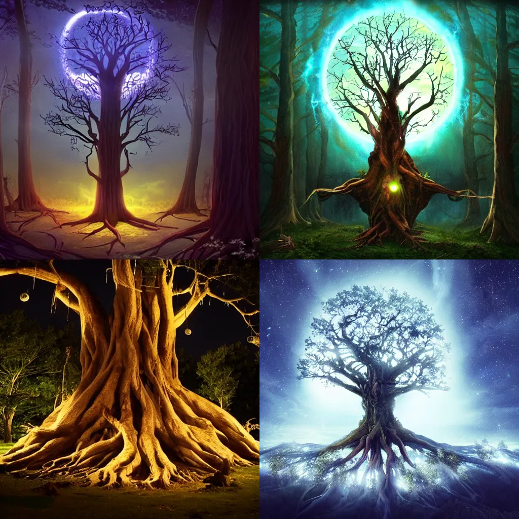 Prompt: As we sailed through the roots of the worldtree time stood still and the night was illuminated by ethernal light.