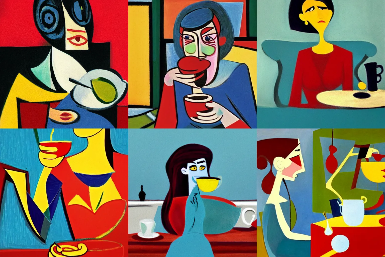 Prompt: a pixar movie screenshot of a woman drinking tea by Pablo Picasso