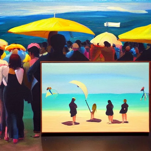 Prompt: a painting of people on a beach with umbrellas, satellite view, a painting by Sally West, featured on tumblr, action painting, oil on canvas, painterly