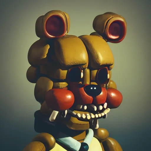 Image similar to /generate a photo of springtrap Freddy Fazbear by Simon Stalenhag, studio photography, dark grey background, softly backlit, gentle smoke effect.