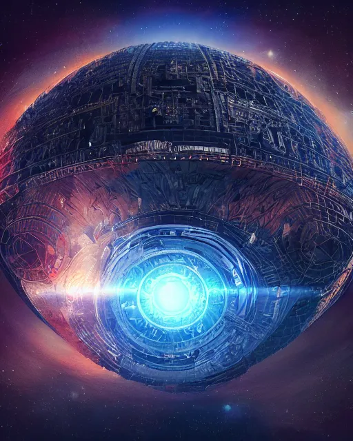 Prompt: photo of a dyson sphere, scifi, complex design, illuminated, masterpiece, massive, star inside, unknown technology, space, nebula, stars, energy flowing, atmosphere, hexagonal metal, visible layers, 4 k high definition, artstation, insanely detailed, art by akihiko yoshida, rob mcnaughton
