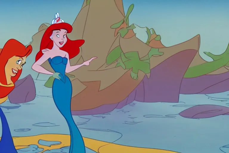 Image similar to still from the animated disney cartoon, little mermaid enlists in the navy