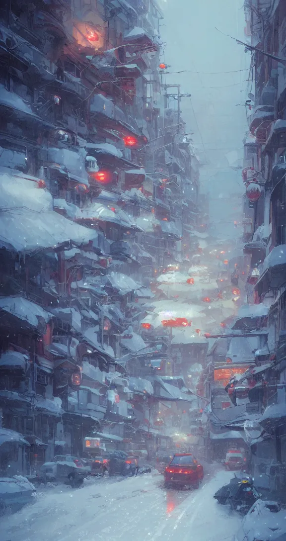 Image similar to Traffic in a snowy city, bright, pretty, by Studio Ghibli and Greg Rutkowski, artstation