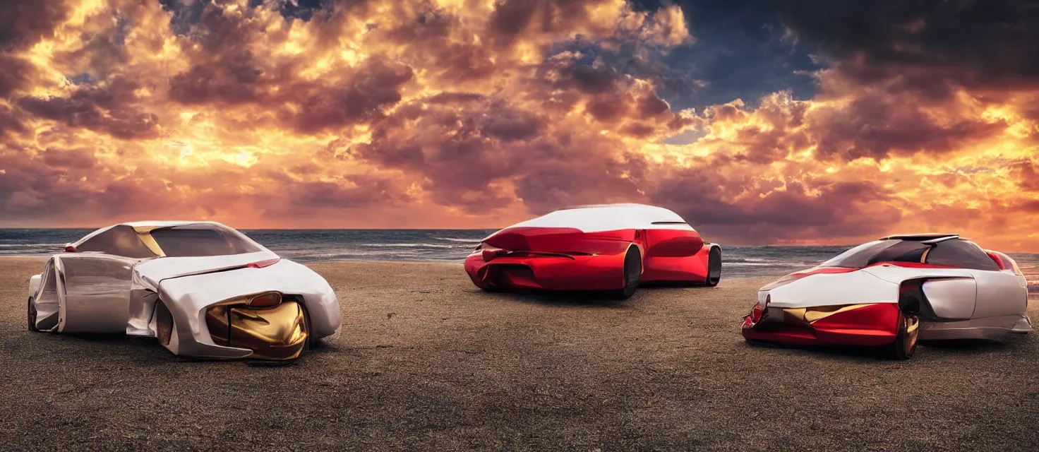 Prompt: futuristic golden car from the year 2052, white tires with intricate rims, professional studio photography, dramatic lighting, clouds, colorful red sunset, on the beach