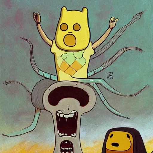 Image similar to adventure time with finn and jake painting by h. r. giger