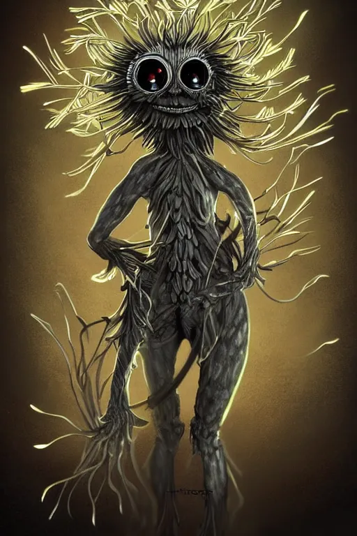 Image similar to a humanoid figure dandelion monster with large glowing eyes, highly detailed, digital art, sharp focus, trending on art station, artichoke, anime art style