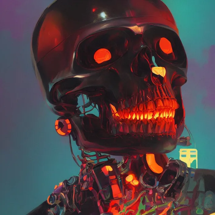 Prompt: a colorful comic noir illustration painting of a cyberpunk skull by sergey kolesov and artgerm and pascal blanche. in style of digital art, symmetry, sci fi, hyper detailed. octane render. trending on artstation