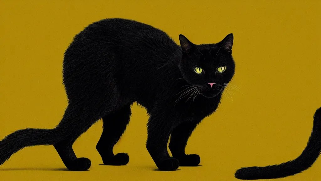 Prompt: a very detailed image of a big black cat wearing a yellow raincoat standing on his back feet in a style of sid mead, cinematic, wide lens, film still from the movie directed by denis villeneuve