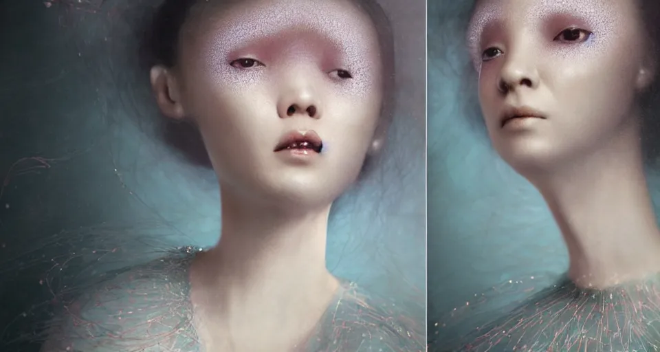 Image similar to closeup shot of asian female wearing a luminous soft fragile jelly fish dress, symmetrical face, by ray caesar, by louise dahl wolfe, by andrea kowch, by anna claren, surreal photography