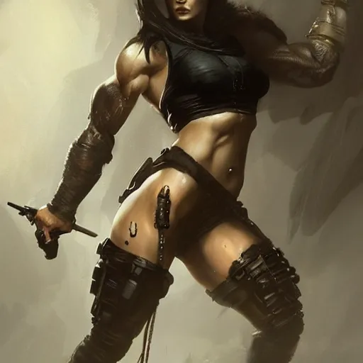 Image similar to lara croft as a female bodybuilder goth girl, fantasy, intricate, elegant, highly detailed, digital painting, artstation, concept art, matte, sharp focus, illustration, art by aenaluck and roberto ferri and greg rutkowski, epic fantasy, digital painting